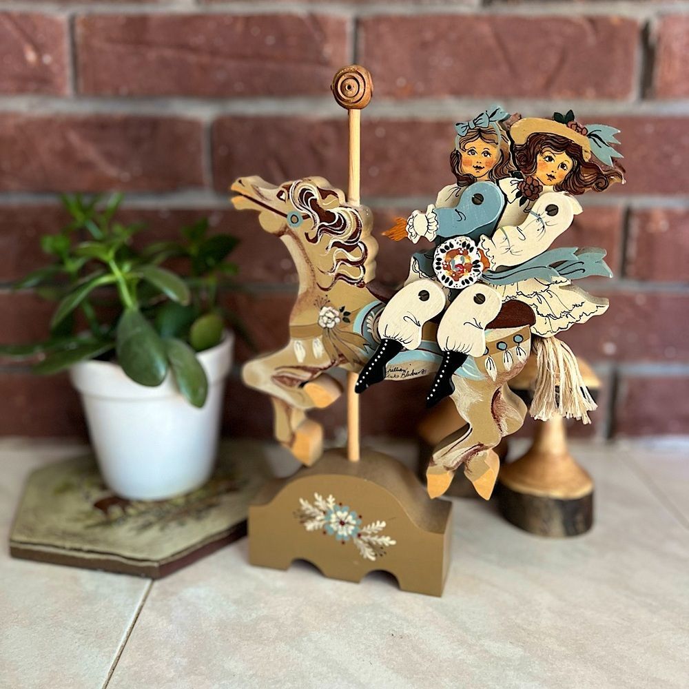 Vintage Signed Folk Art Hand Painted Carved Wooden Carousel Horse Jig Saw Puzzle